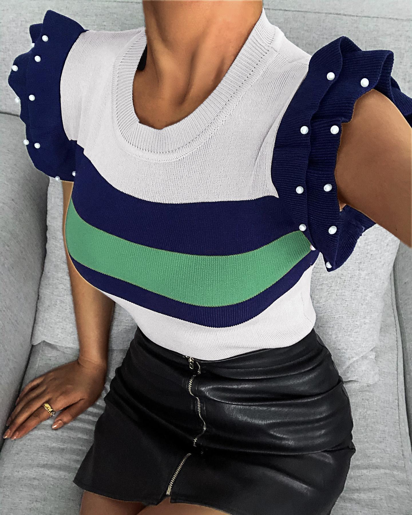 

Beaded Colorblock Knit Casual Sweater, White