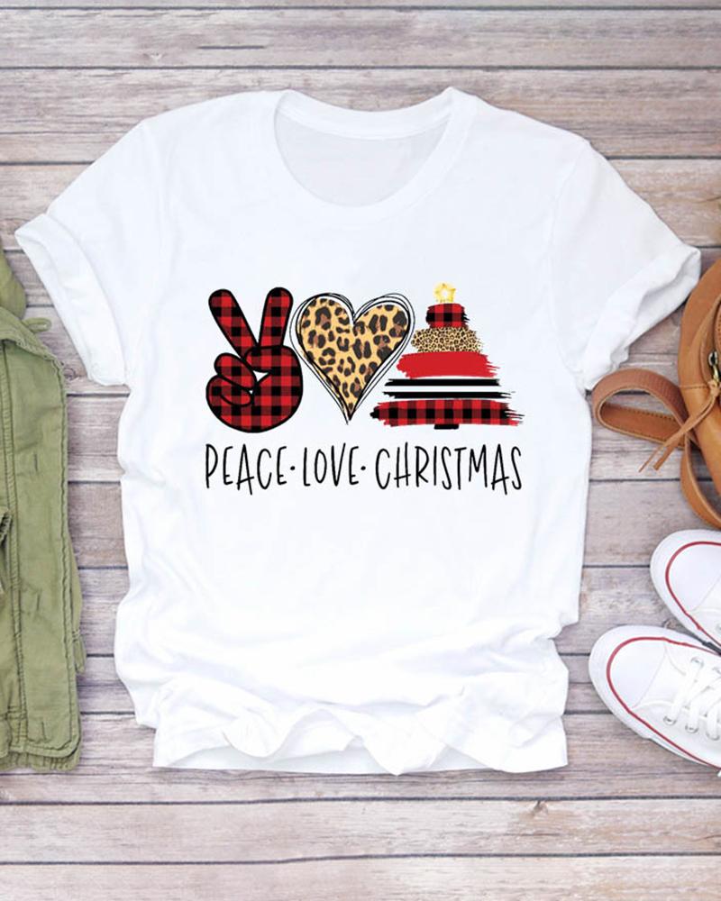 

Christmas Short Sleeve Tree Letter Plaid Cheetah Pattern Print Short Sleeve Top, Style1