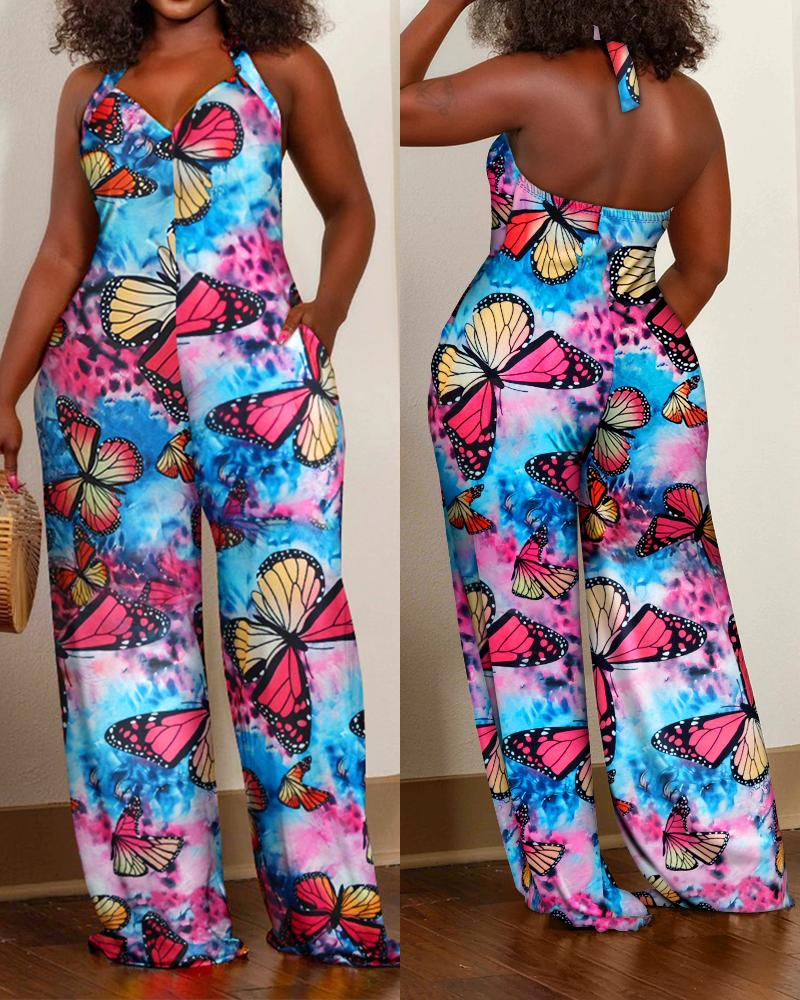 

Butterfly Tie Dye Print Halter Jumpsuit, Multicolor