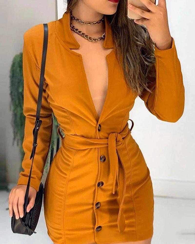 

Long Sleeve Button Bodycon Dress With Belt, Yellow