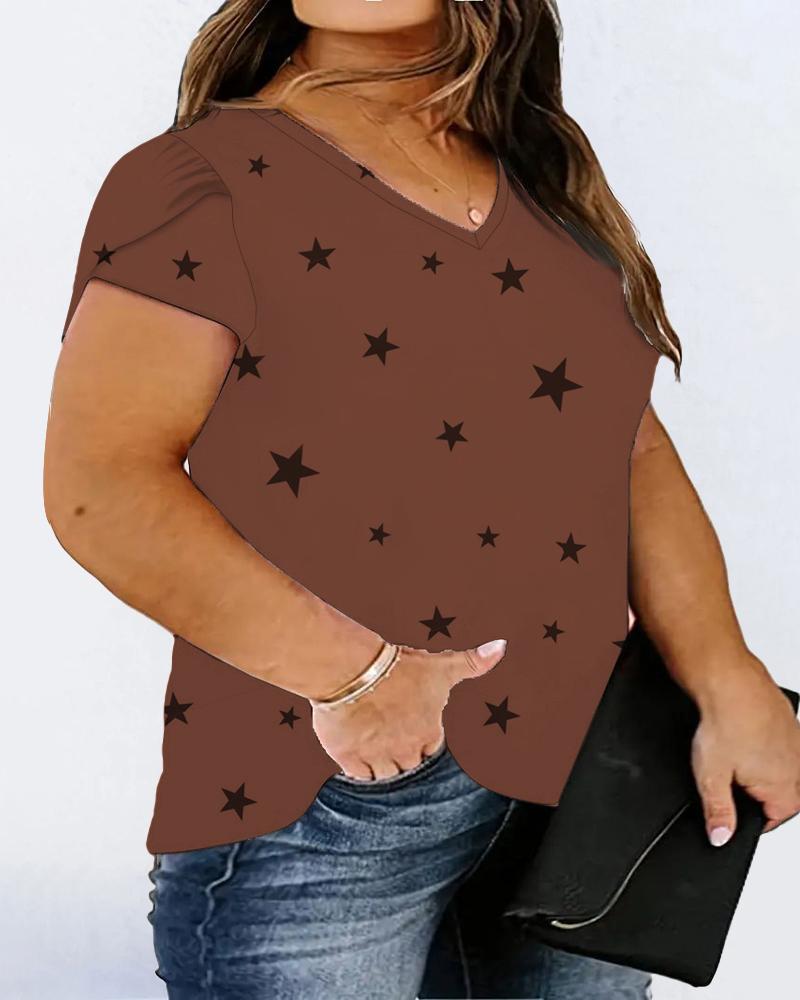 

Plus Size Star Print Petal Sleeve V-Neck T-Shirt, Brown