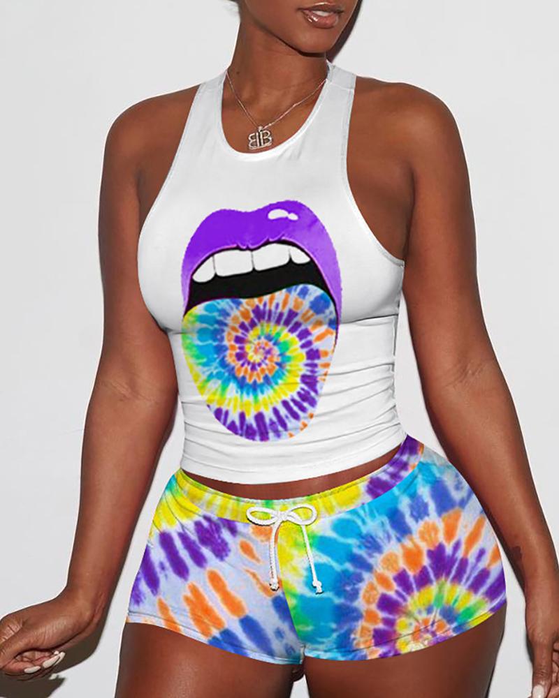 

Lip / Cheetah / Tie Dye Print Top & Drawstring Pants Set, Purple