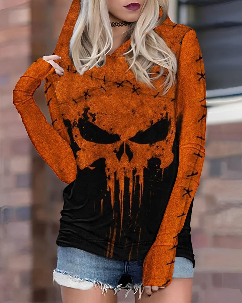 

Halloween Melting Skull Print Long Sleeve Hoodie, Orange