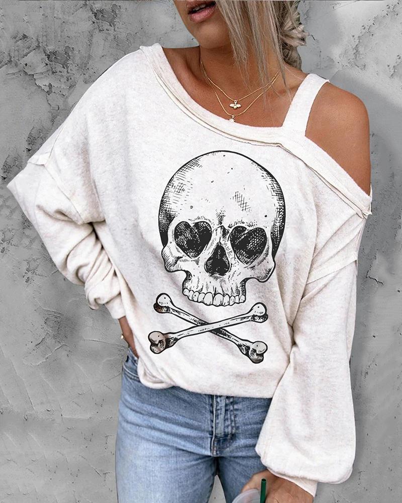 

Halloween Skull Print Cold Shoulder Top, Beige