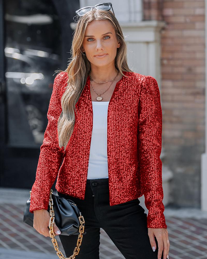 

Sparkly Sequin Open Front Puff Sleeve Blazer Coat, Red