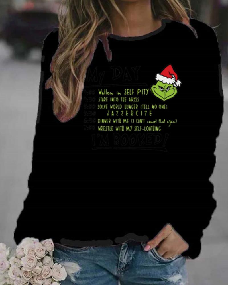 

Christmas Grinch Letter Print Long Sleeve Top, Black