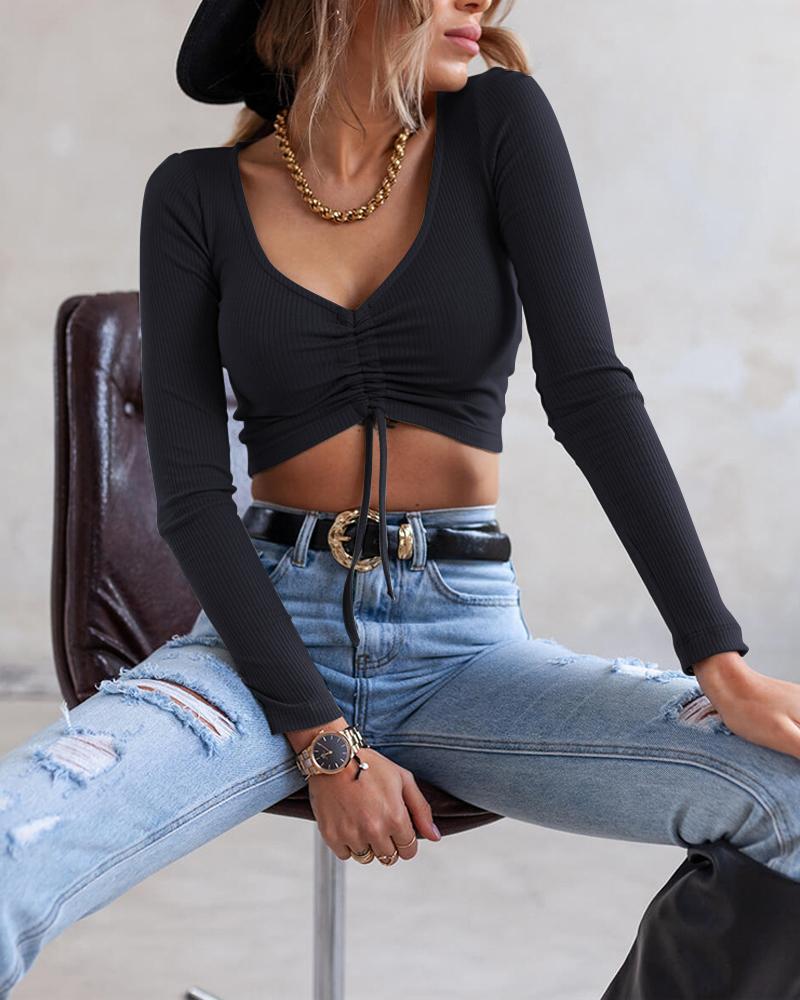 

Long Sleeve Drawstring Ruched Crop Top, Black