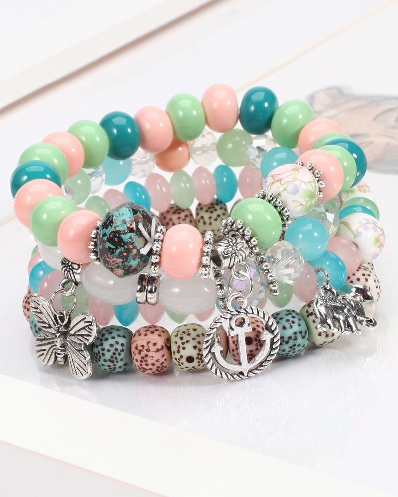 

4pcs Elephant Anchor Butterfly Shaped Pendant Stackable Bohemian Layered Beaded Unisex Bracelets Set, Multicolor