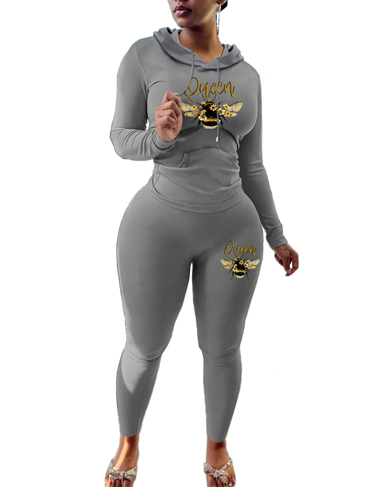 

Bee Print Hooded Top & High Waist Pants Set, Gray
