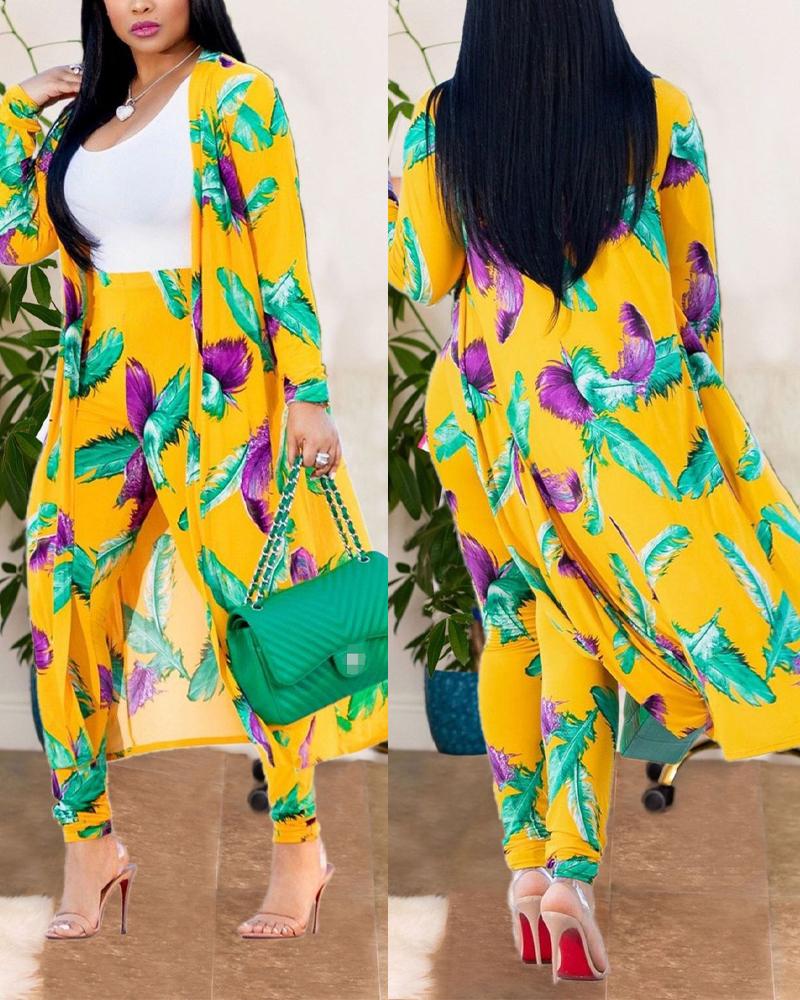 

Feather Print Open Front Longline Top & Pants Set, Yellow