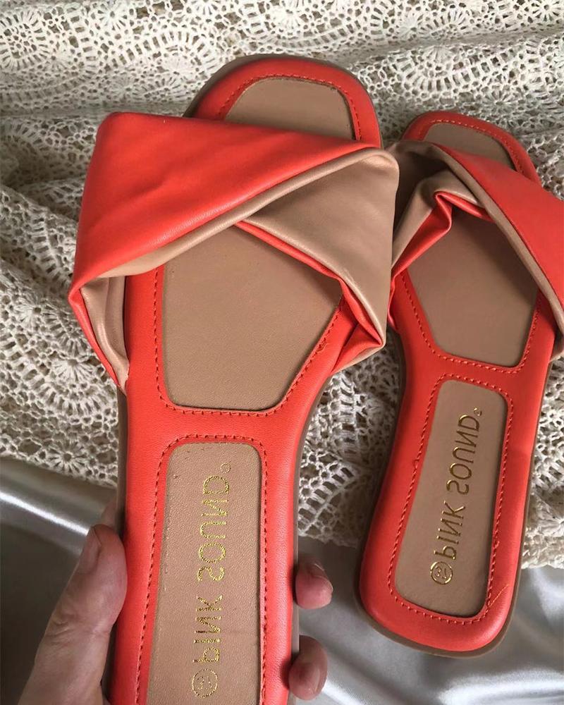 

Square-toe Color Block PU Leather Flat Slippers, Orange