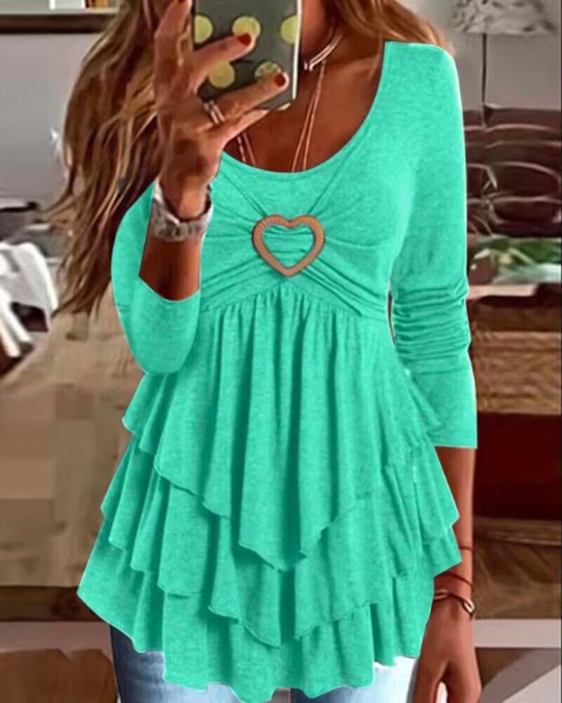 

Heart-Ring Decor Layered Ruffle Hem Top, Turquoise blue