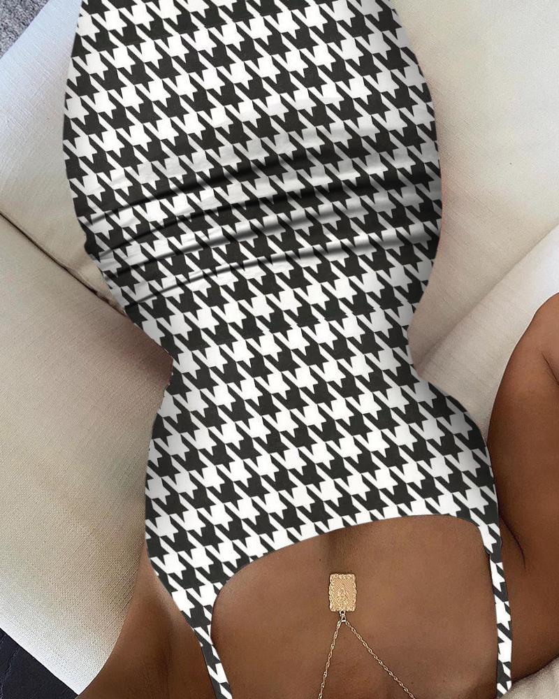 

Houndstooth Print Spaghetti Strap Dress, Black&white