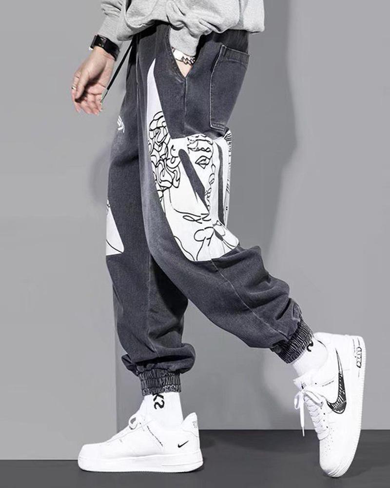 

Abstract Lines Print Baggy Harem Pants, Gray