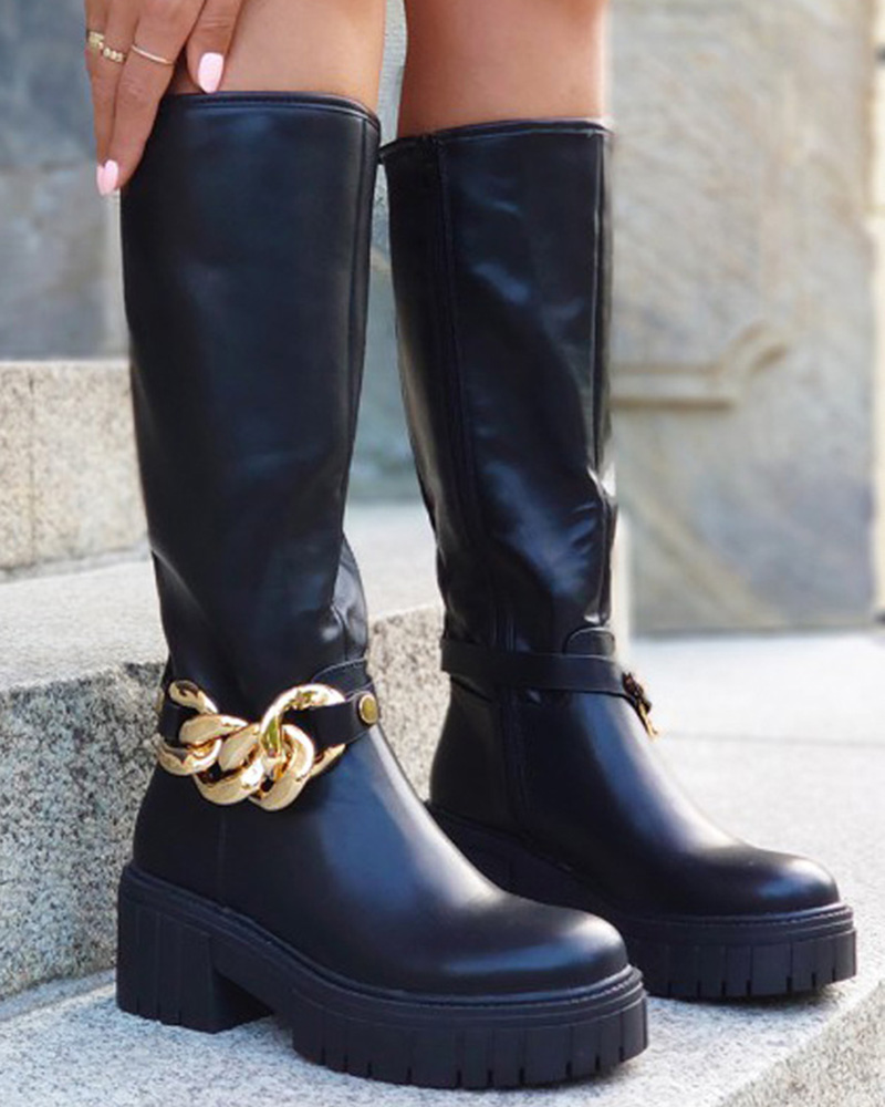 

PU Leather Chain Decor Platform Boots, Black