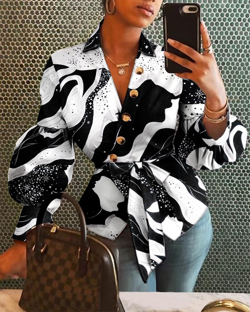 

Galaxy Print Lantern Sleeve Belted Wrap Top, Blackwhite