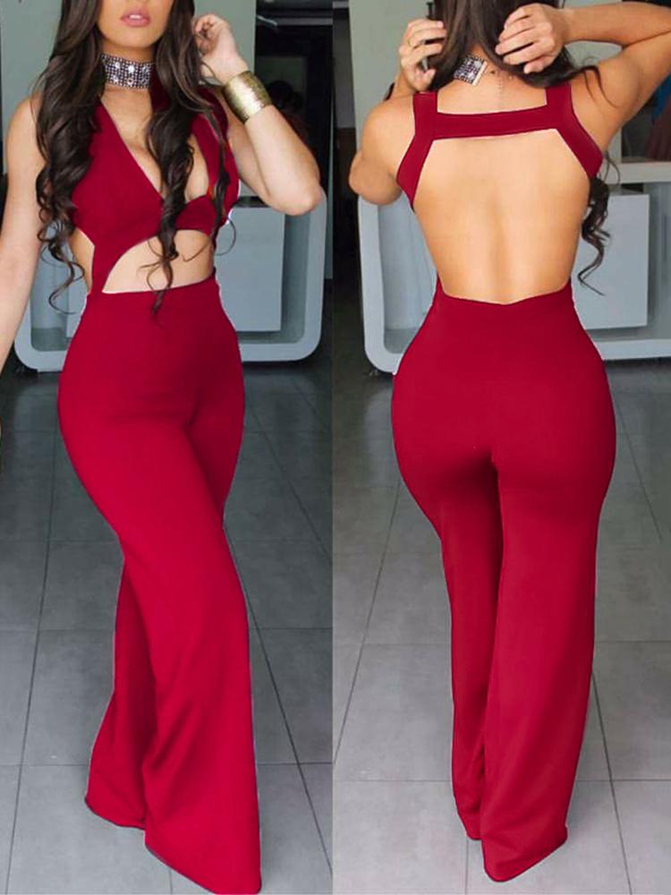 Sexy Backless Front Cut Out Loose Leg Jumpsuit