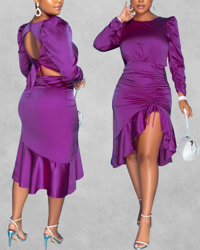 

Puff Sleeve Cutout Back Drawstring Ruffle Hem Skinny Dress, Purple