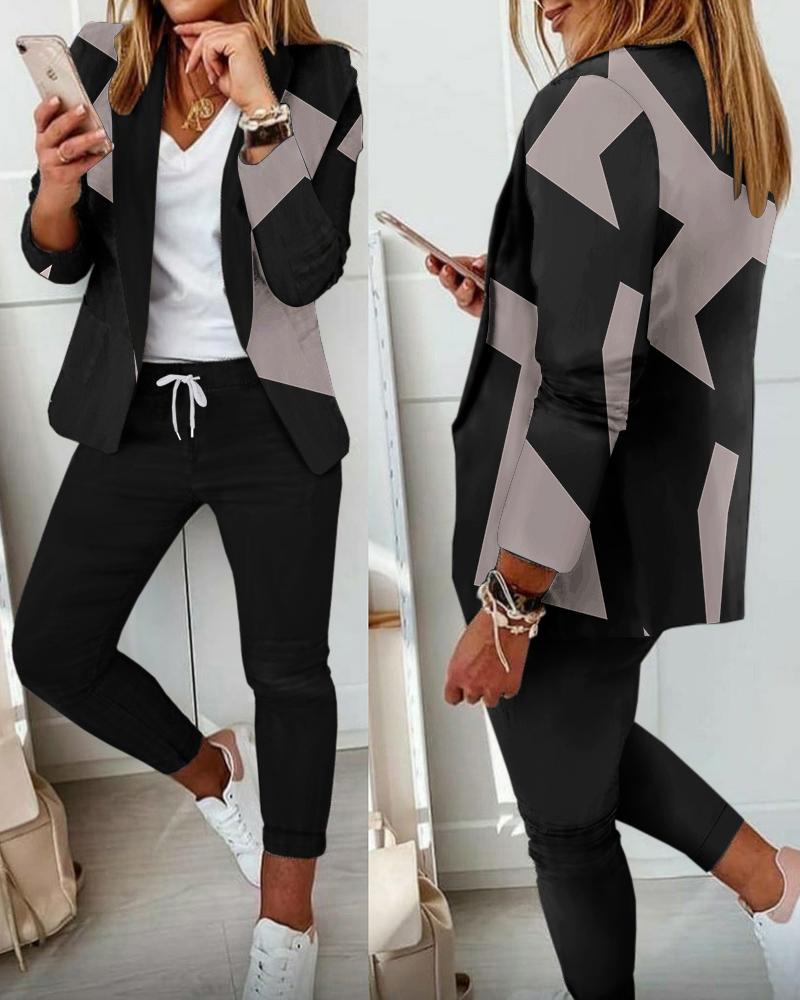 

Geo Print Long Sleeve Blazer & Pants Set, Black