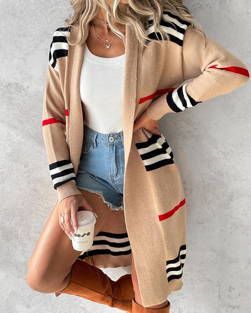 

Striped Open Front Longline Knit Cardigan, Khaki