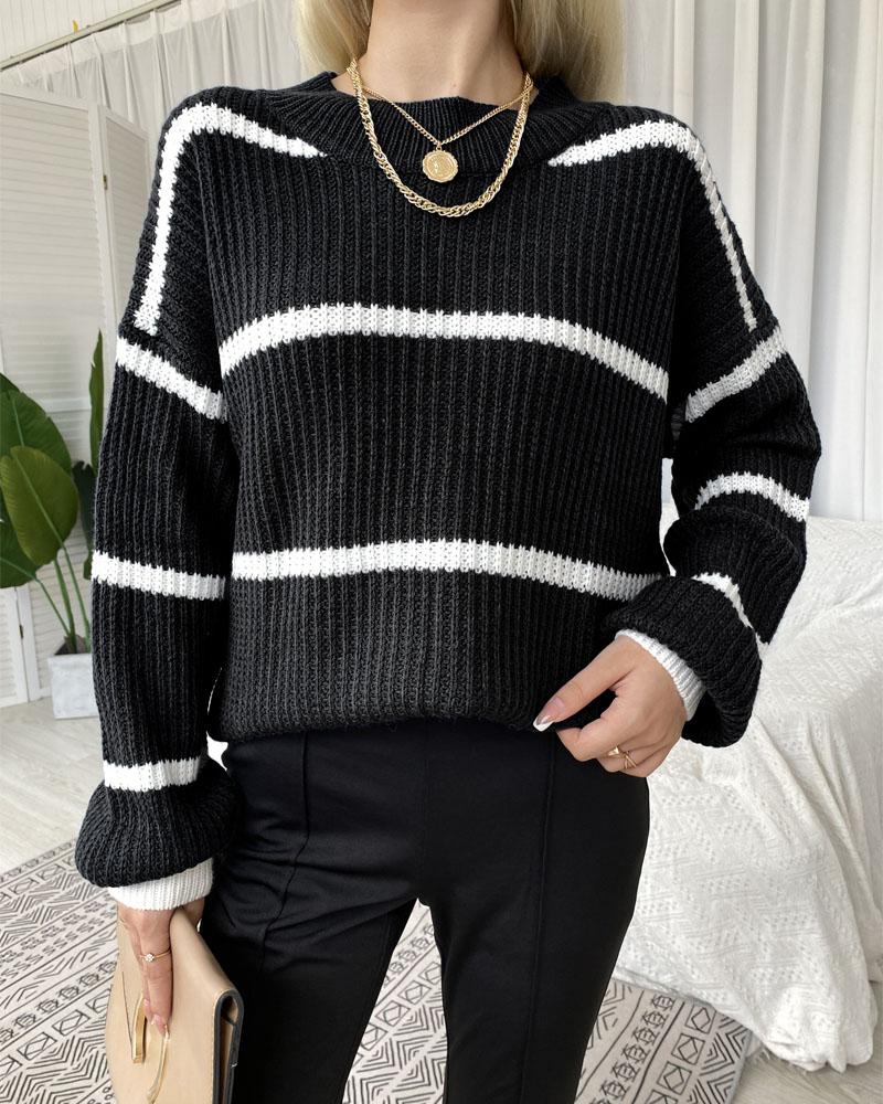 

Striped Bishop Sleeve Chunky Knit Sweater, Black