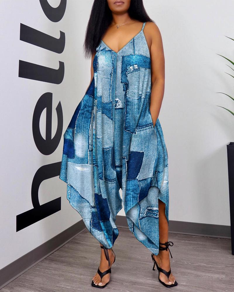 

Denim Look Print Spaghetti Strap Harem Jumpsuit, Blue