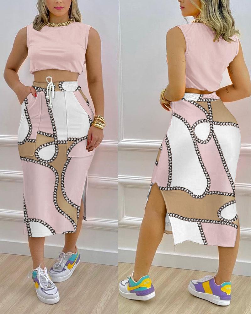 

Crop Tank Top & Chain Print Split Hem Skirt Set, Pink
