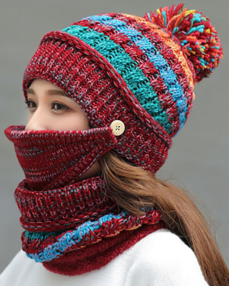 

Women Girls Knitted Hat scarf Mask Set Winter Fleece Lined Beanie Knit Ear Flaps Hat With Pom Pom, Red