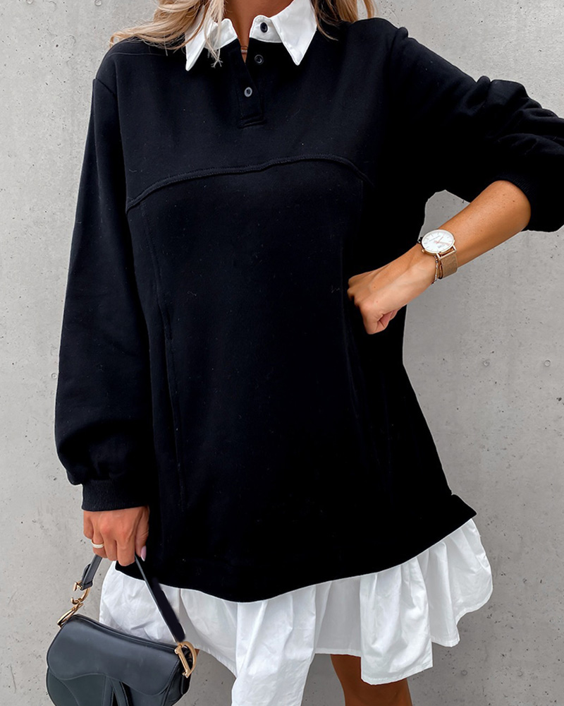 

Colorblock Button Pocket Design Ruffle Hem Sweatshirt Dress, Black