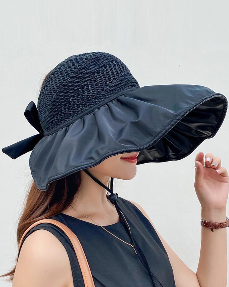 

Ruched Wide Brim Bowknot Sun Visor Hat, Black