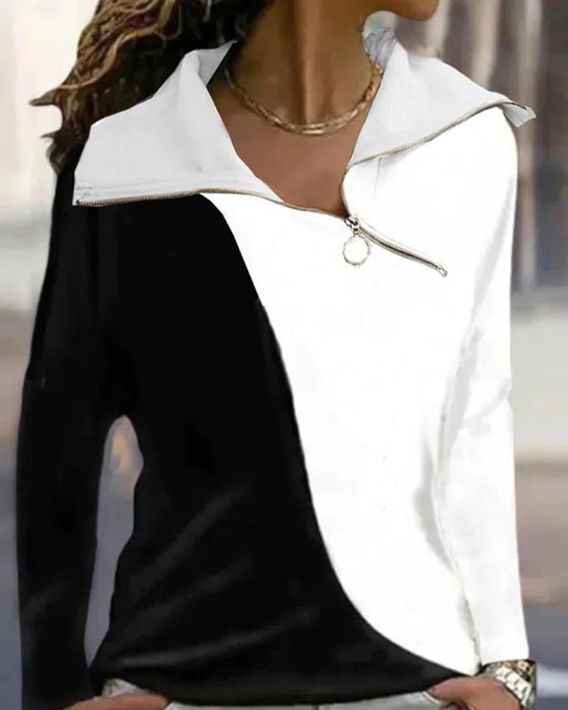 

Colorblock Zipper Detail Casual Sweatshirt, White