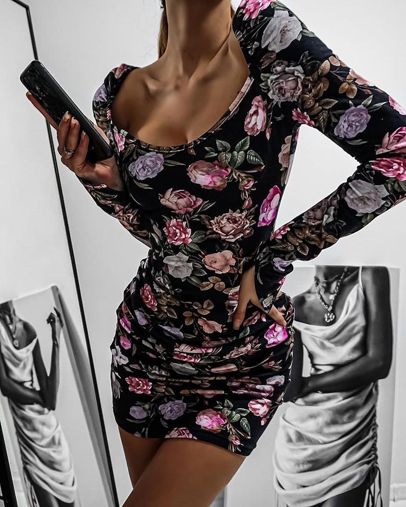 

Floral Print Long Sleeve Bodycon Dress, Black