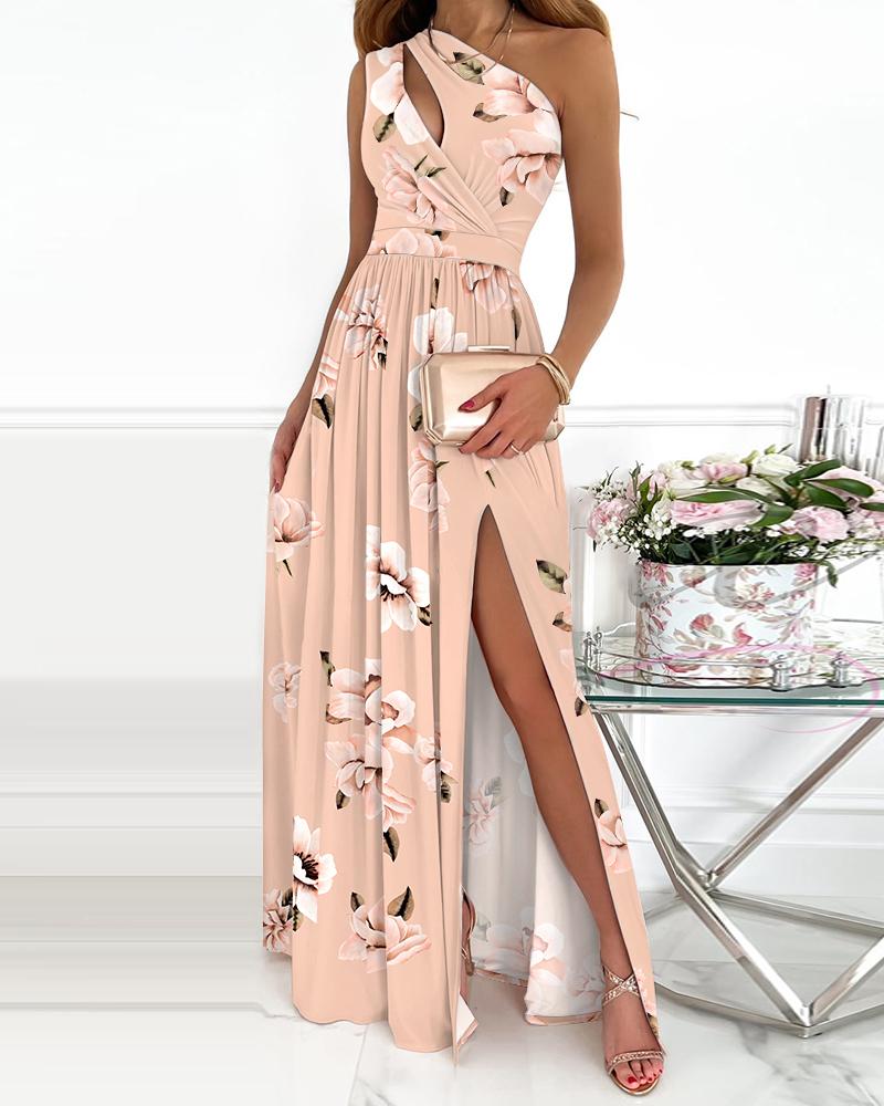 

Floral Print One Shoulder Cutout High Slit Maxi Dress, Apricot