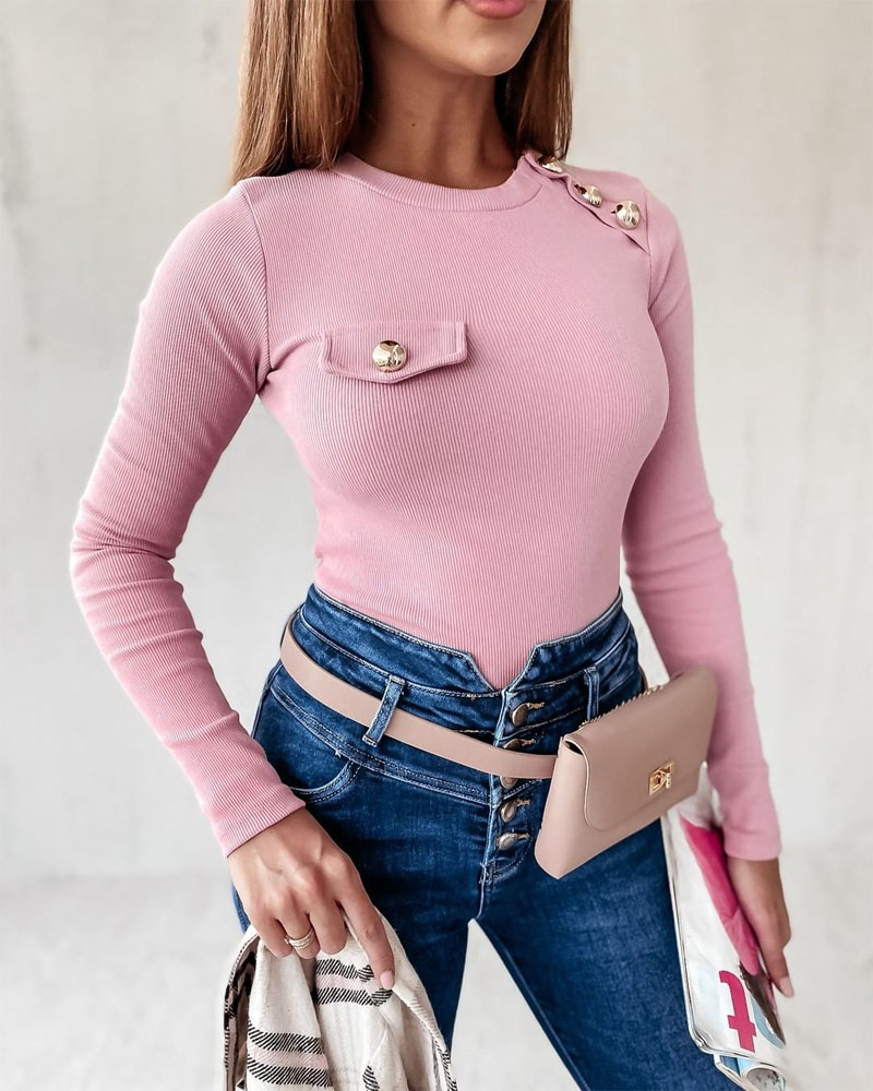 

Button Decor Long Sleeve Knit Top, Pink