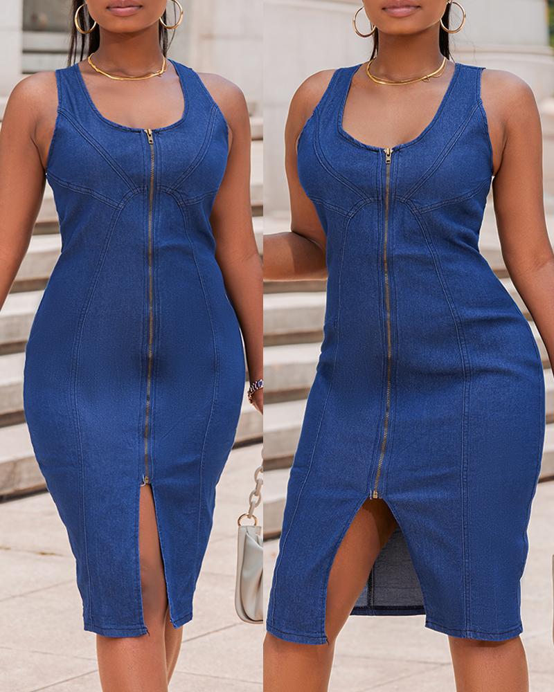 Sleeveless Zipper Detail Denim Dress