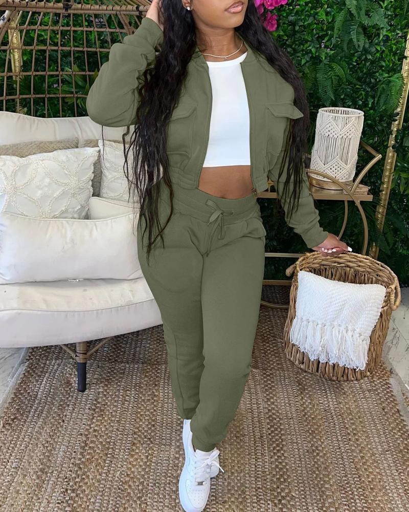 

Long Sleeve Zip Up Top & Drawstring Pants Set, Green