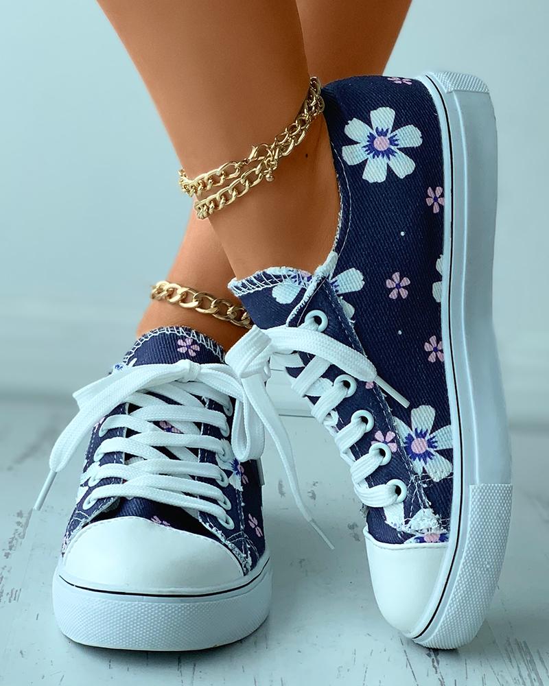 

Floral Print Eyelet Lace-up Canvas Shoes, Dark blue