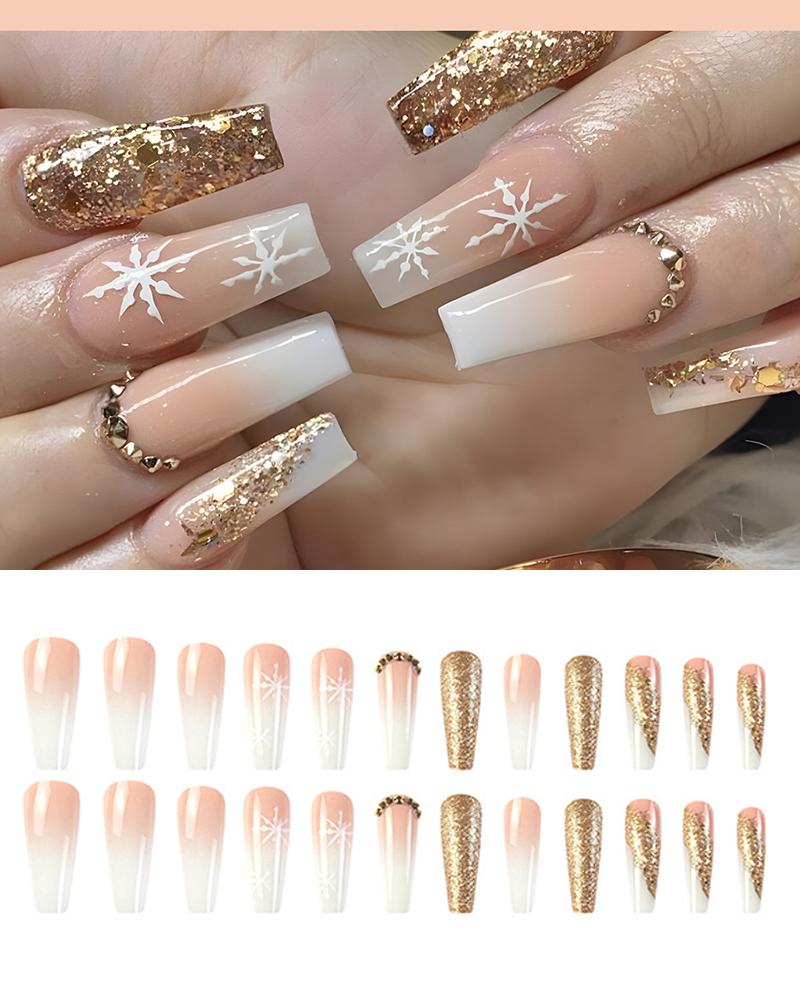

24pcs Christmas Glitter Sequin Decor Snowflake Design Ombre Press-on Glossy Coffin False Nails Set, Gold
