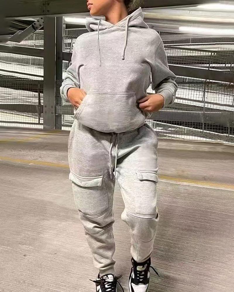 

Pocket Design Hooded Top & High Waist Pants Set, Gray