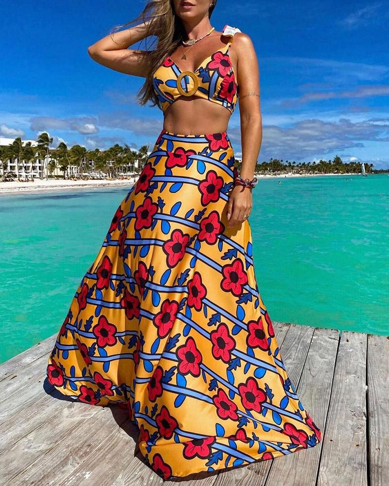 

Floral Striped Print O-Ring Crop Top & Maxi Skirt Set, Yellow