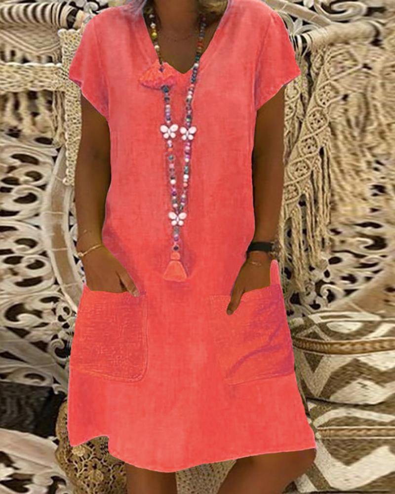 

Pocket Design Short Sleeve Tassel Design Casual Dress, Pink