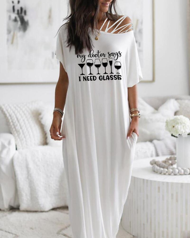 

Wine Glasses Letter Print Pocket Design Maxi Dress, White