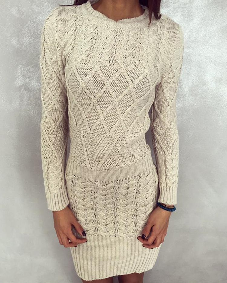 

Stylish Cable Knit Elastic Hem Sweater Dress, Beige