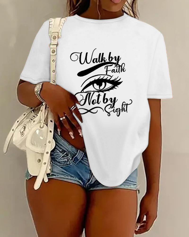 

Plus Size Figure Walk On Faith Not By Sight Print Casual T-shirt, White