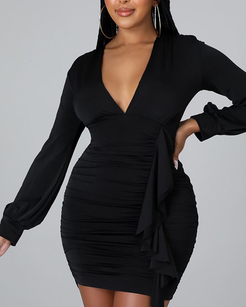 

Ruffles Detail Long Sleeve Ruched Bodycon Dress, Black