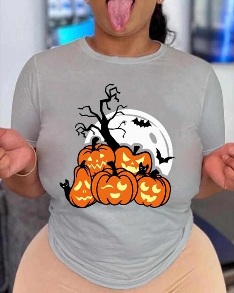 

Halloween Pumpkin Graphic Print Casual T-shirt, Gray