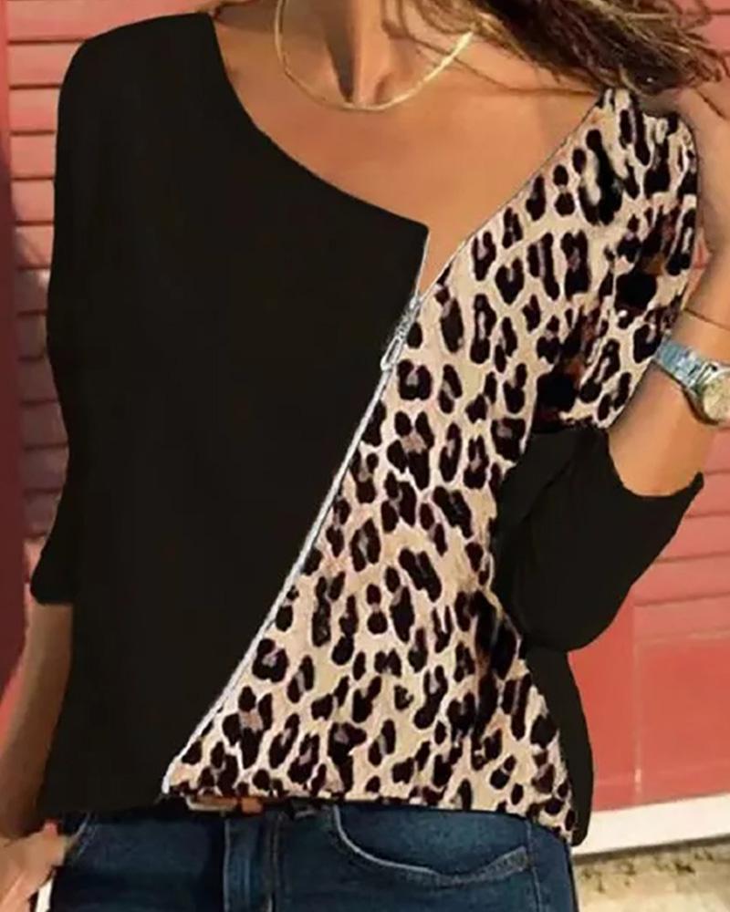 

Cheetah Print Zipper Front Long Sleeve Casual Women Top, Black