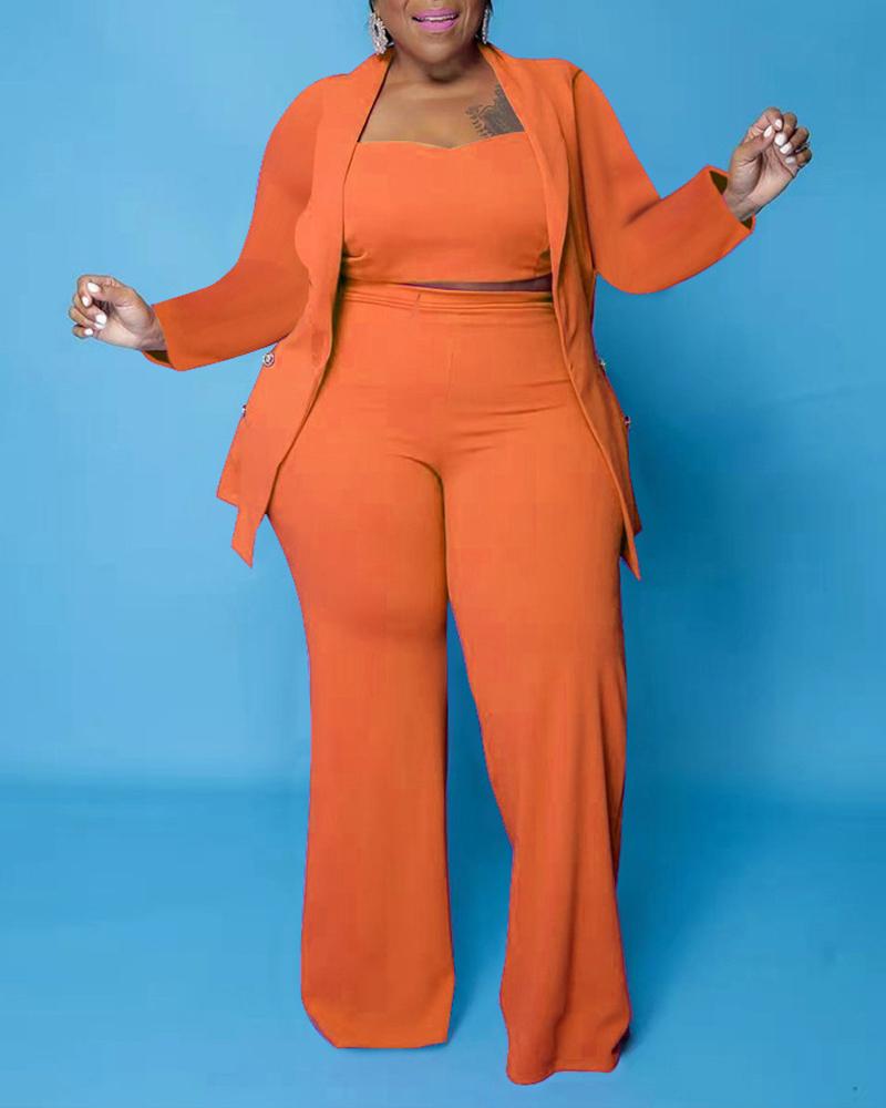 

Plus Size 3PCS Double Breasted Blazer & Pants Set With Crop Top, Orange
