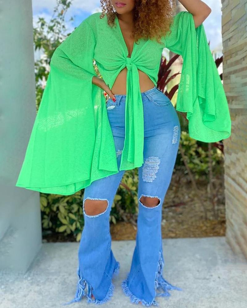 

Bell Sleeve Tied Detail Crop Top, Green