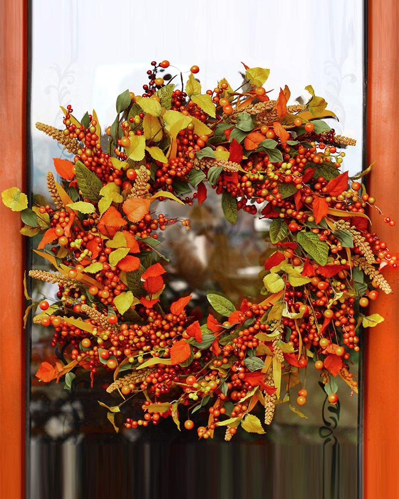 

Halloween Fall Wreath Autumn Harvest Wreaths Garland Front Door Thanksgiving Festival Decor Ornaments, Orange